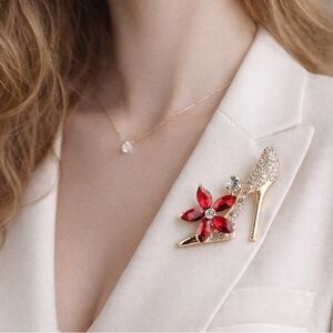 High Heel Flower Brooch Pin Red Rhinestone Gold Tone Glam Statement